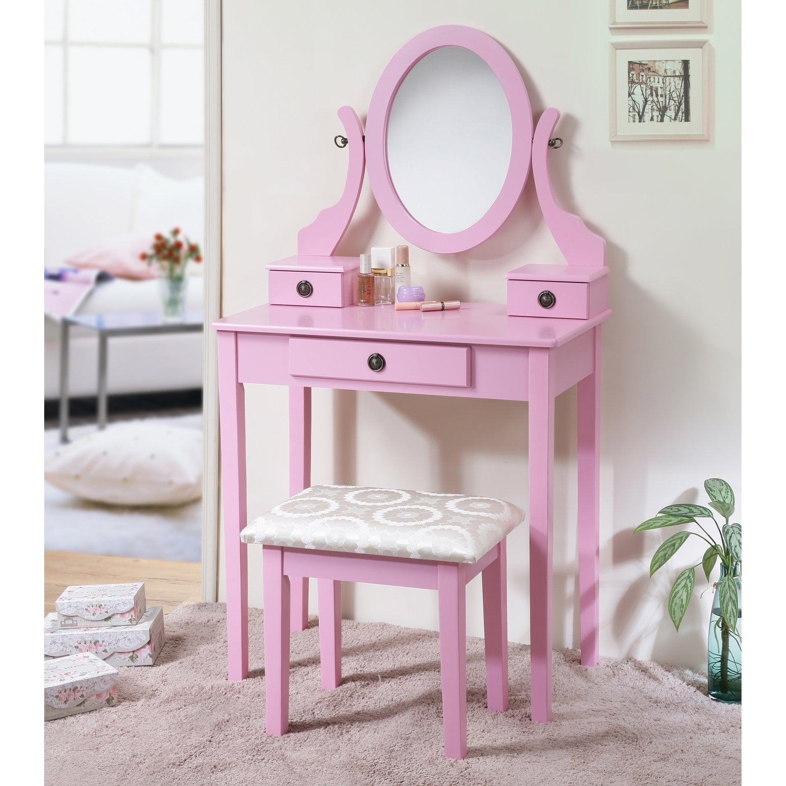 Lowest Prices - Roundhill Furniture Moniya Wood Vanity Table and Stool Set, Pink