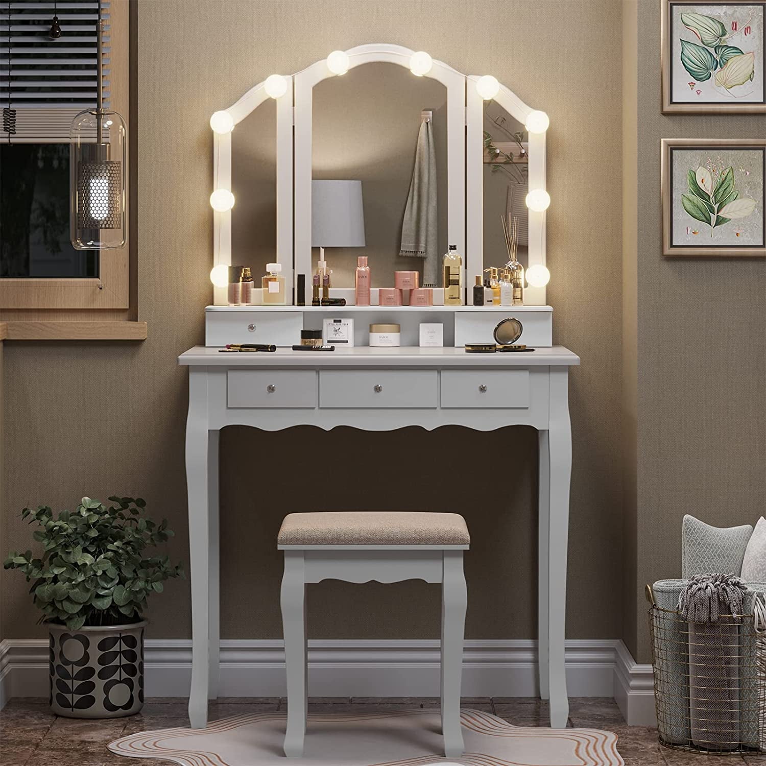 Lowest Prices - Tiptiper Vanity Table Set with Lighted Tri-Fold Mirror and Stool, Makeup Vanity Dressing Desk 5 Drawers, White