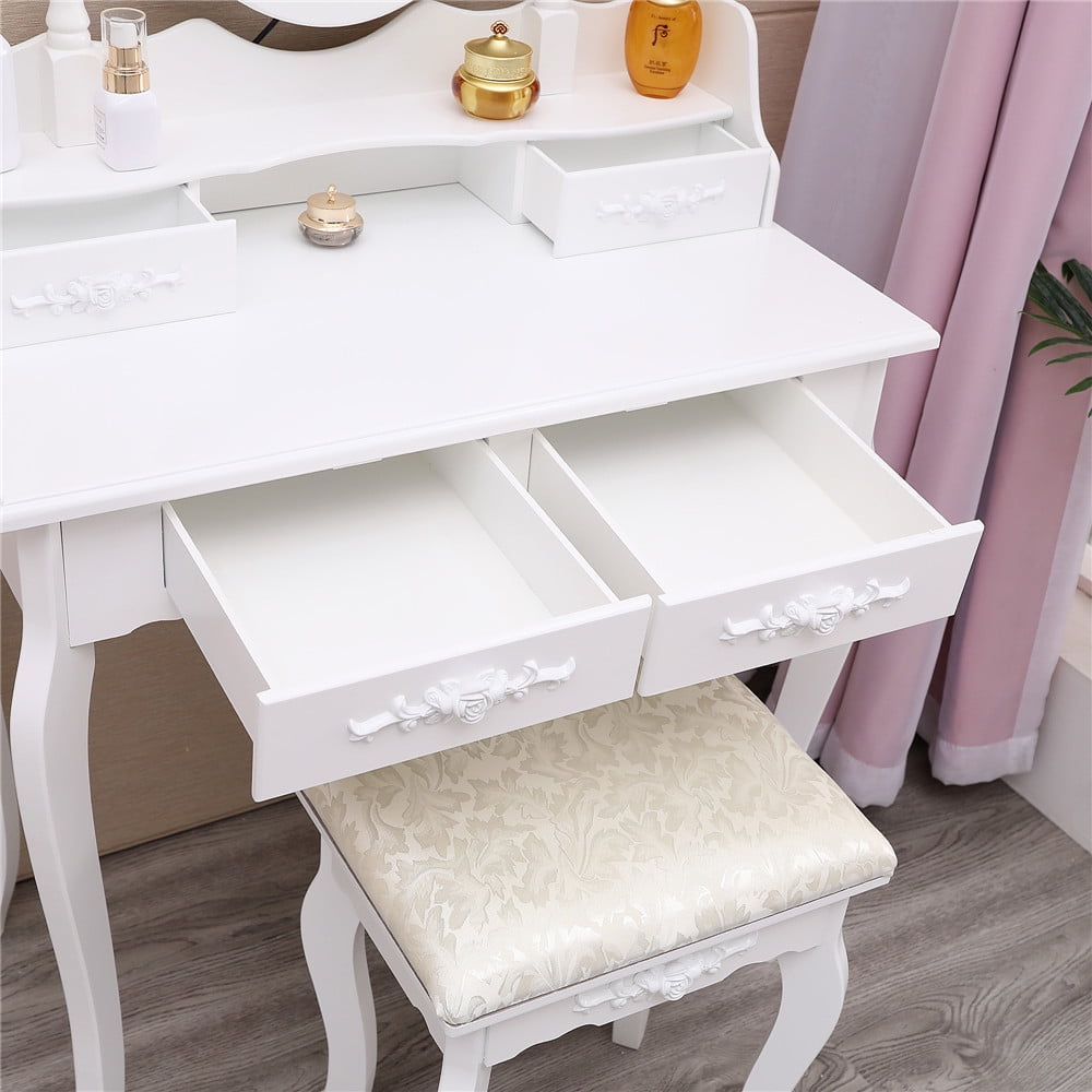 Lowest Prices - Ktaxon Elegance White Dressing Table Vanity Table and Stool Set Wood Makeup Desk with 4 Drawers & Lighted LED Touch Screen Mirror