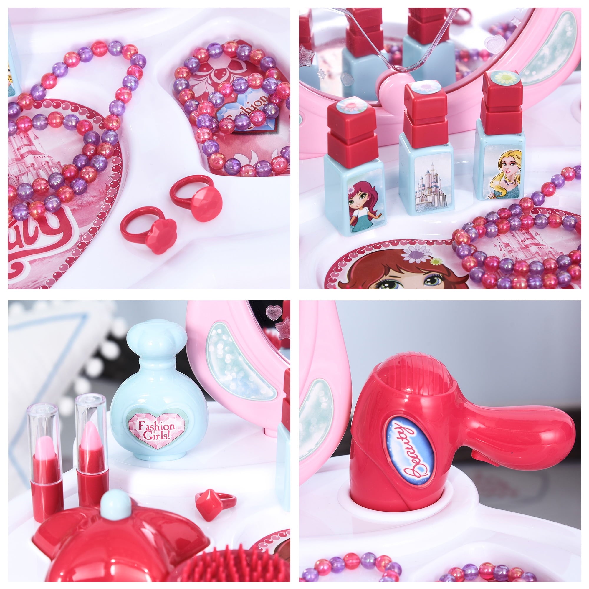 Lowest Prices - Qaba Children Dressing Table Set for Kids of 3-6 Years Dream Princess Vanity Set for Girls Make Up Table and Stool Set with Music and Lightening Pink White