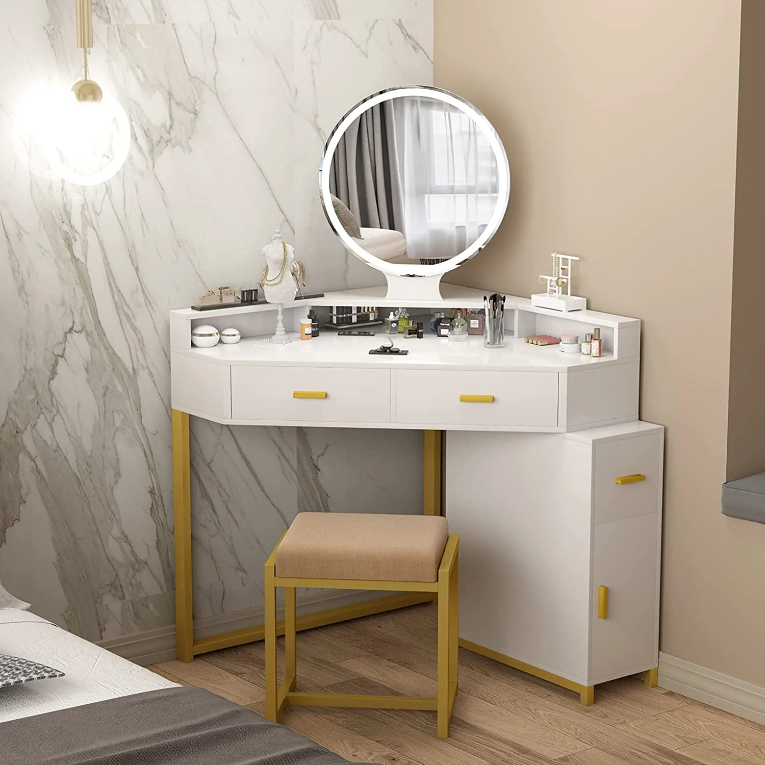 Lowest Prices - Corner Vanity Set with Lighted Mirror, Makeup Vanity Dressing Table with Drawers, Cabinet and Cushioned Stool, Girls Vanity Desk for Bathroom, Bedroom, White by TZUTOGETHER
