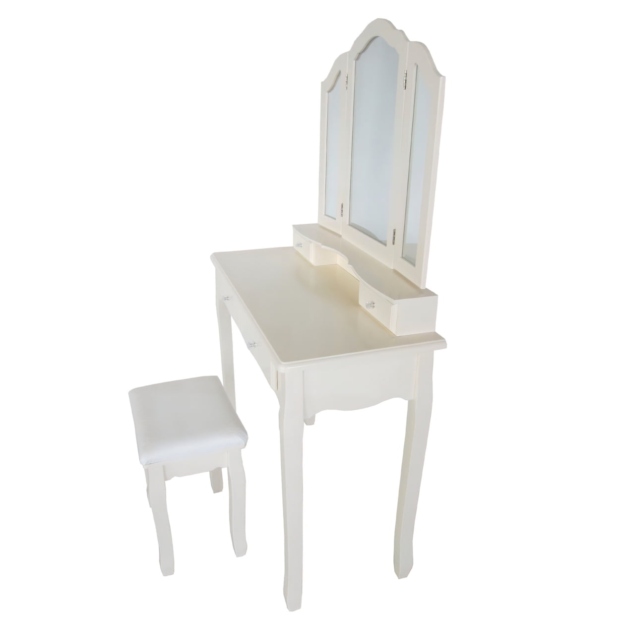 Lowest Prices - 35 Inch 3 Piece Vanity Desk Set with Cushioned Stool and Elegant Trifold Mirror, 4 Drawers, Off White Solid Wood-Saltoro