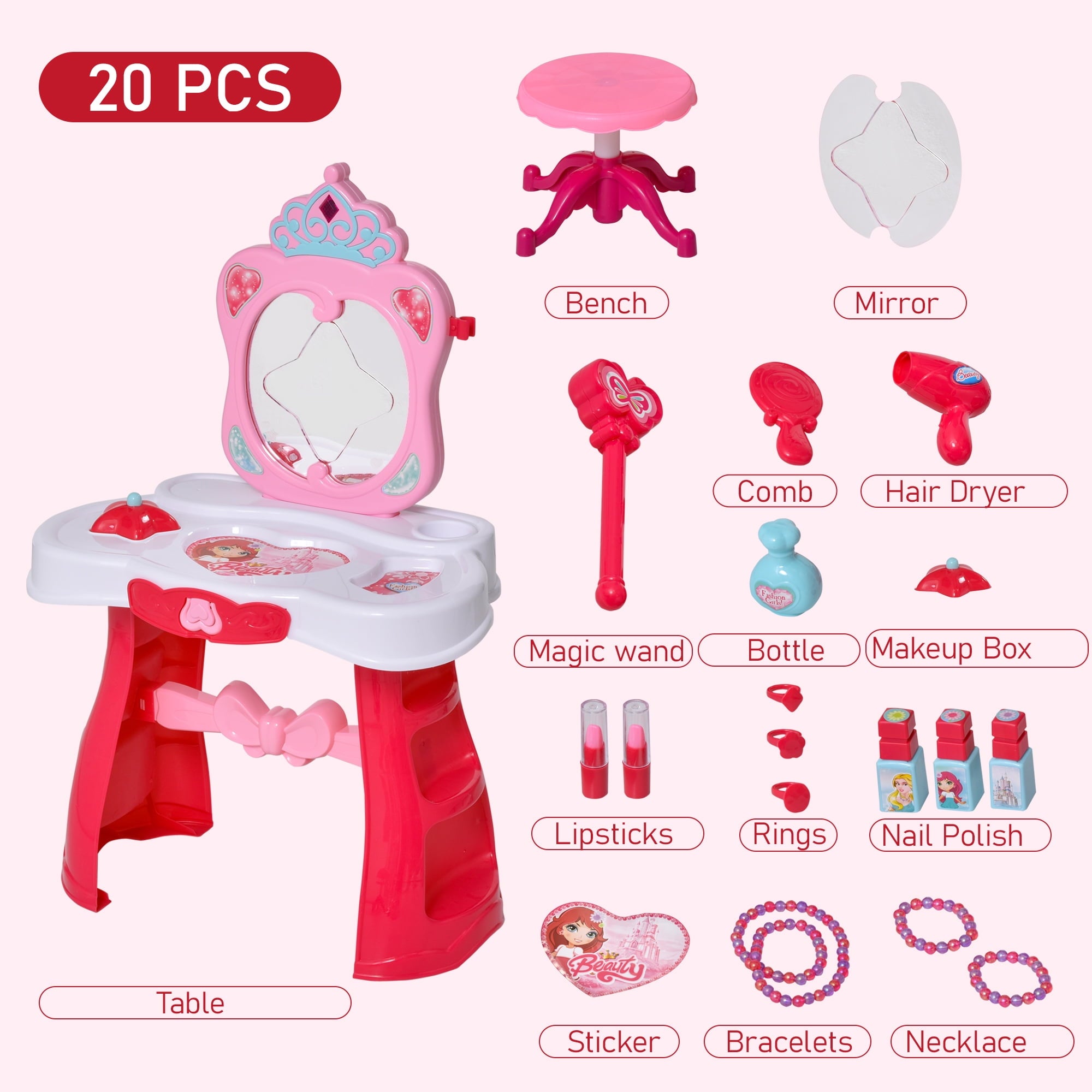 Lowest Prices - Qaba Children Dressing Table Set for Kids of 3-6 Years Dream Princess Vanity Set for Girls Make Up Table and Stool Set with Music and Lightening Pink White