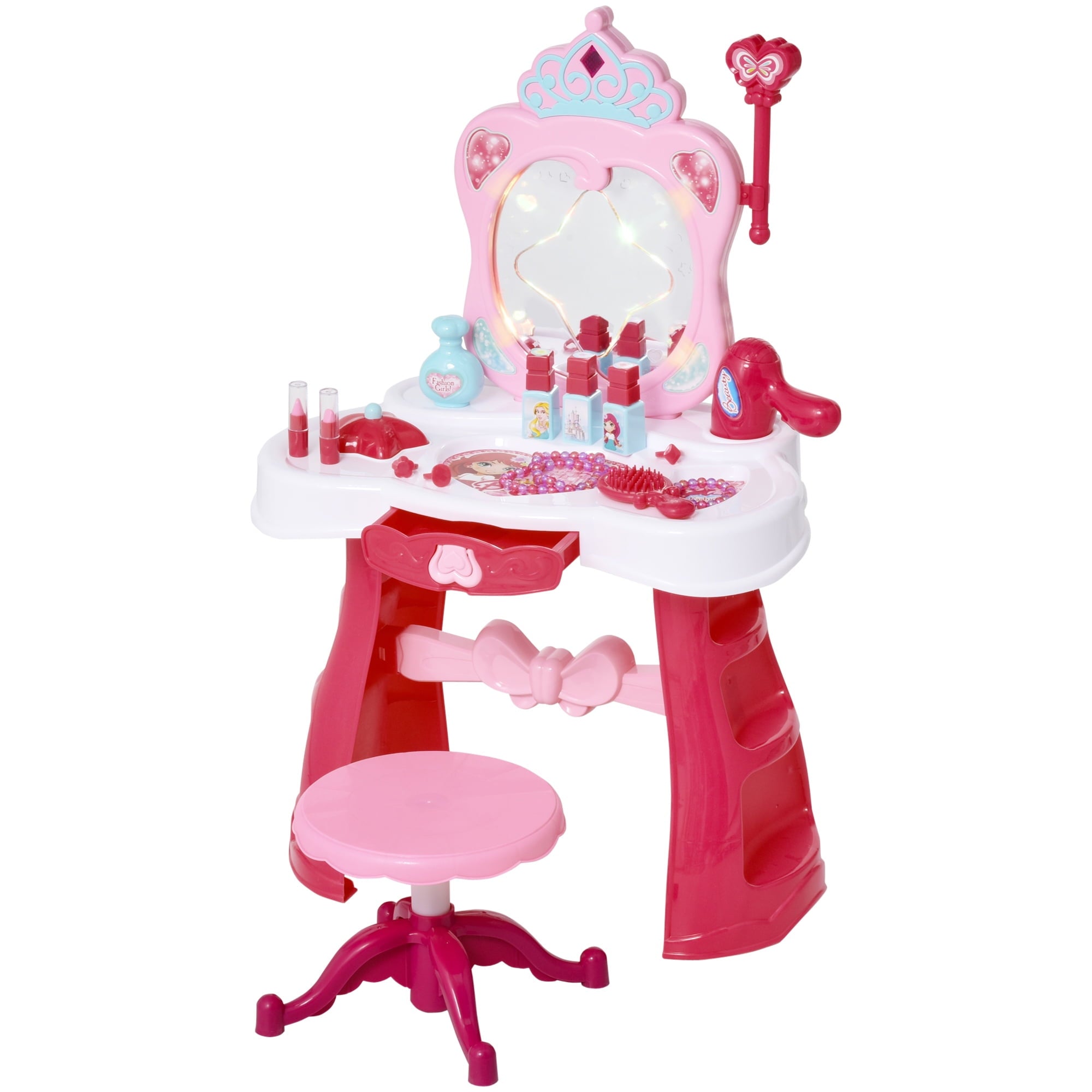 Lowest Prices - Qaba Children Dressing Table Set for Kids of 3-6 Years Dream Princess Vanity Set for Girls Make Up Table and Stool Set with Music and Lightening Pink White