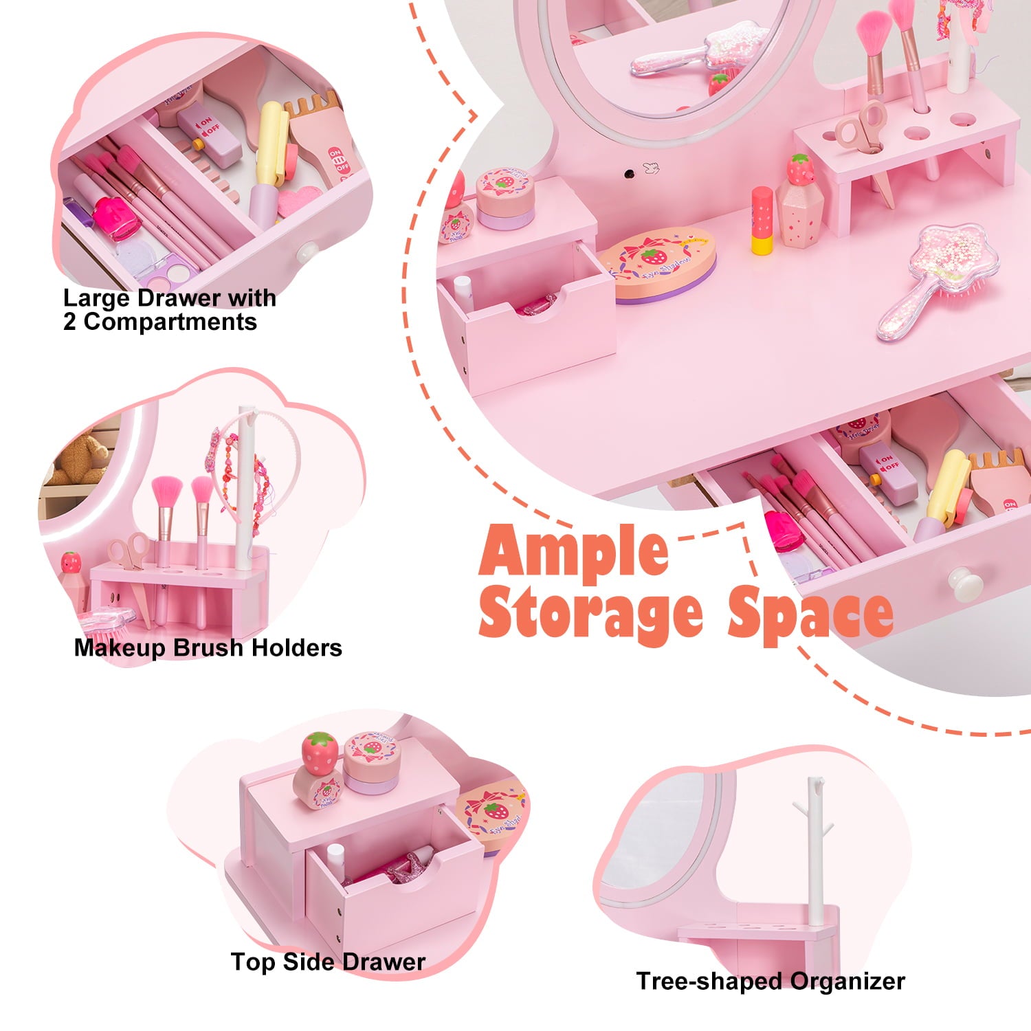Lowest Prices - BRINJOY Kids Vanity Set with Mirror, Wooden Make Up Beauty Dressing Table with Lights & Stool & Jewelry Rack & Storage Board, Children Princess Vanity Table Pretend Playset for Girls