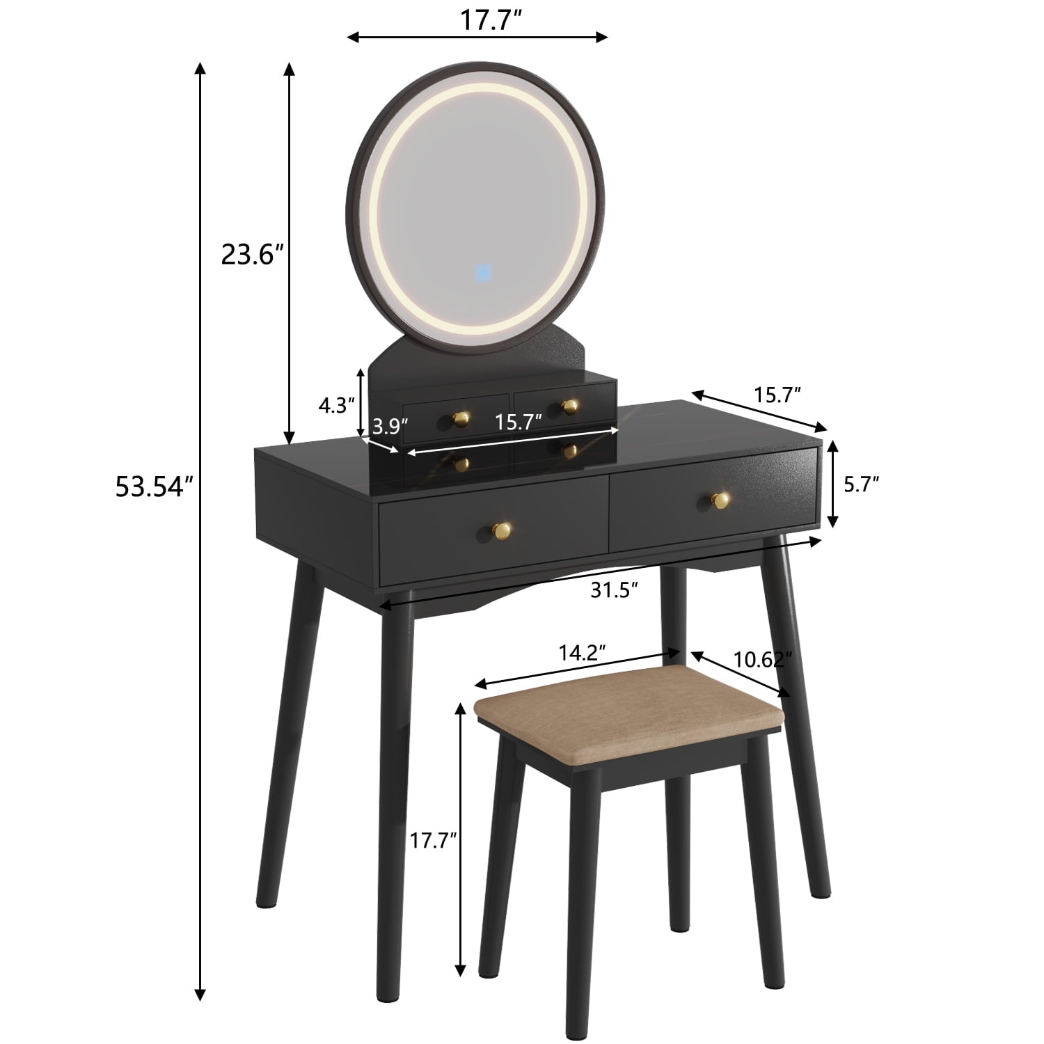 Lowest Prices - Furmax Vanity Table with Lighted Mirror, Vanity Desk with Stool, Dressing Table with 4 Drawers, Makeup Vanity Set, Black Finish, for Bedroom