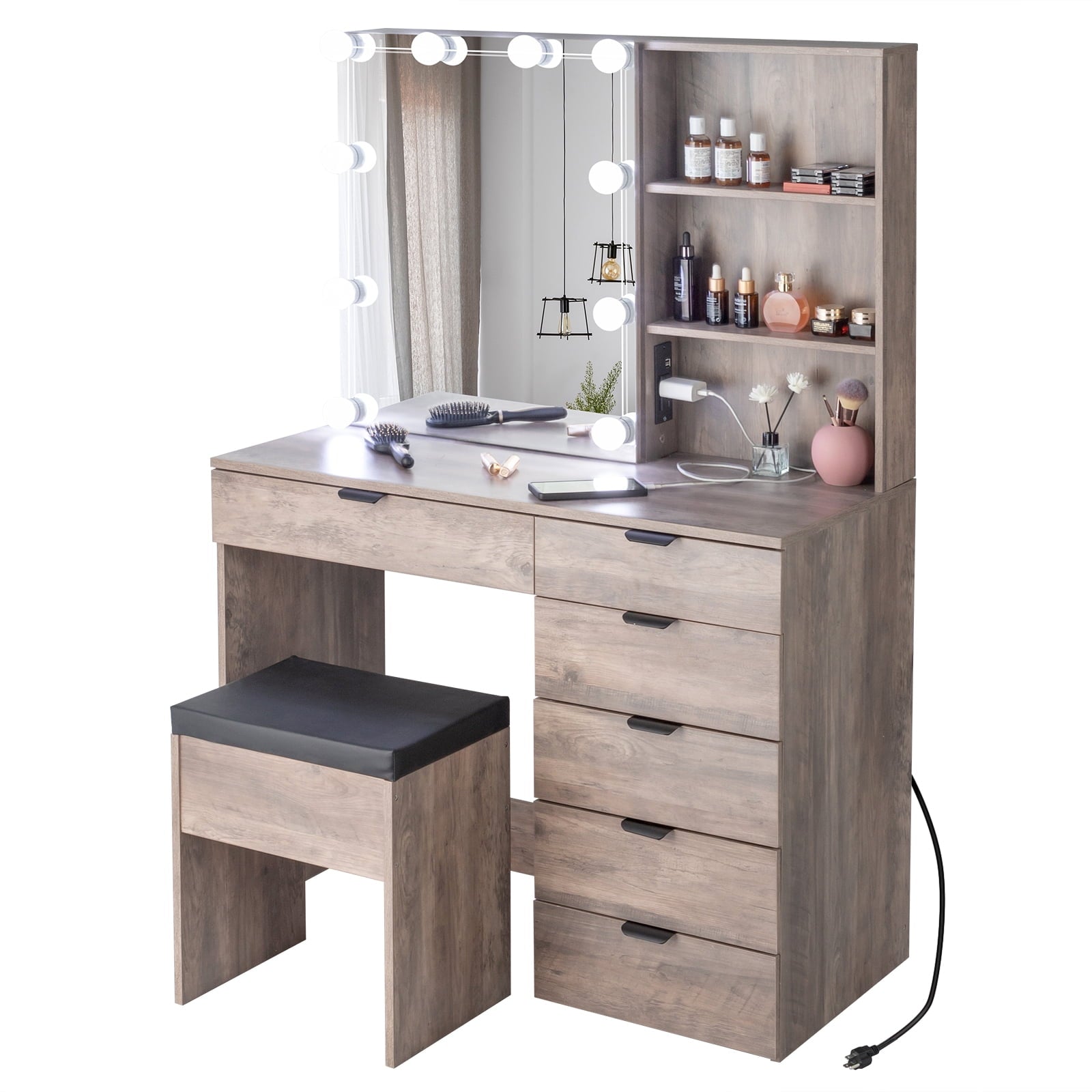 Lowest Prices - Ktaxon Vanity Set with 3 Color Lighted Mirror & Charging Station, Makeup Table with 6 Drawers, Dressing Table Makeup Desk with Stool,Retro Gray