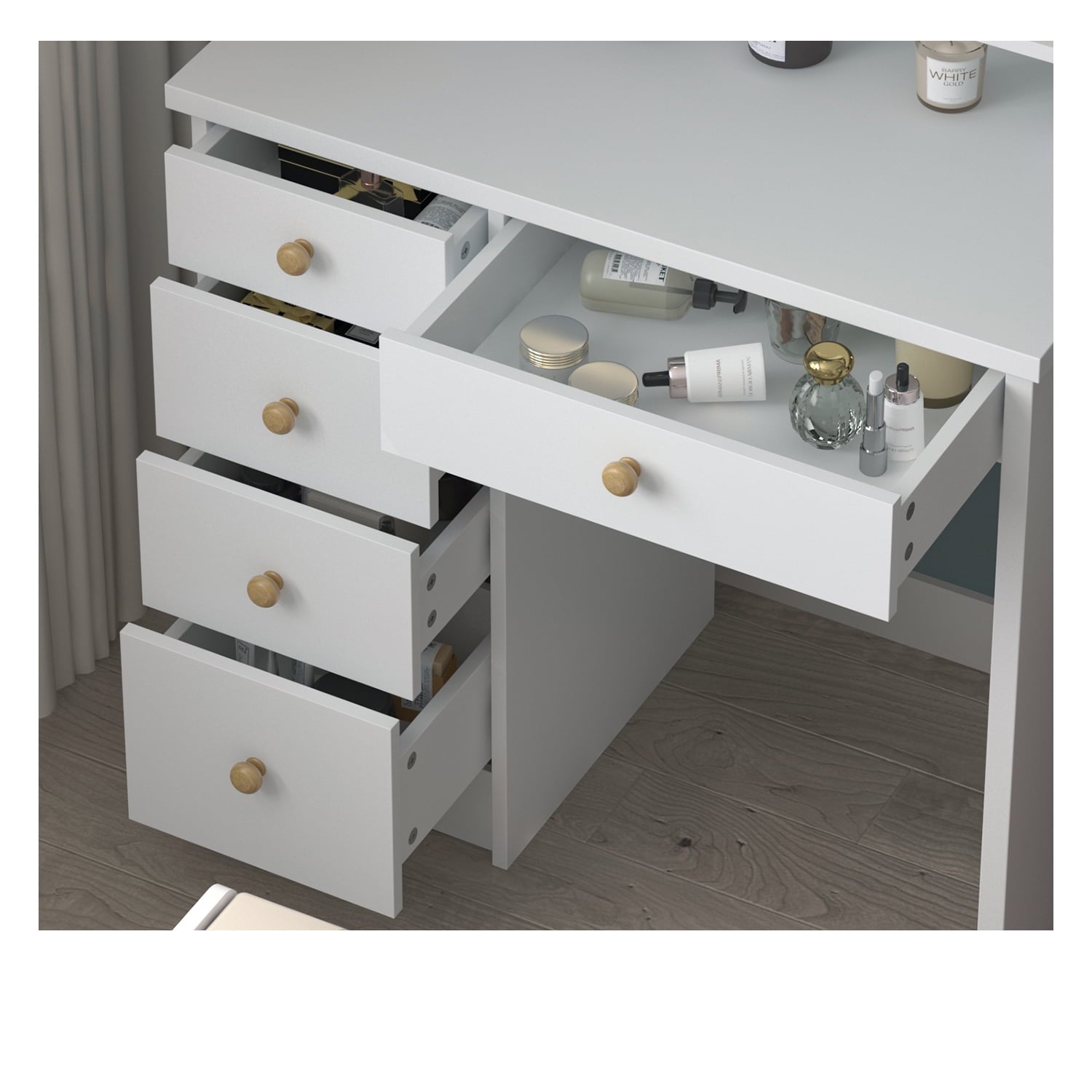Lowest Prices - Makeup Vanity Dressing Table with 5 Drawers and Shelves, Vanity Set with Lighted Round Mirror, White Dresser Desk and Cushioned Stool Set