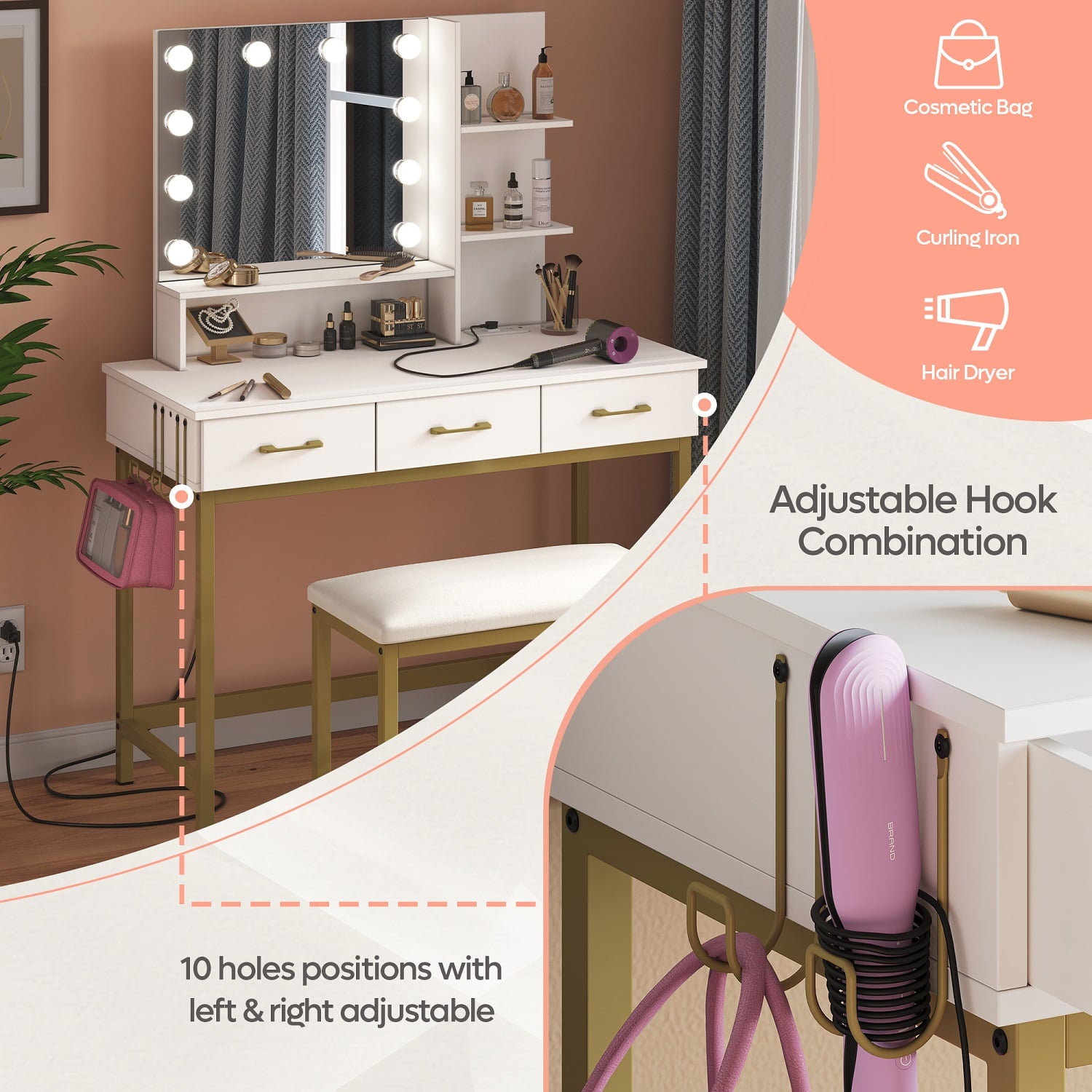 Lowest Prices - Bestier Vanity Set with Lighted Mirror & Power Outlet, Makeup Table with Drawers & Cushioned Stool for Bedroom in White