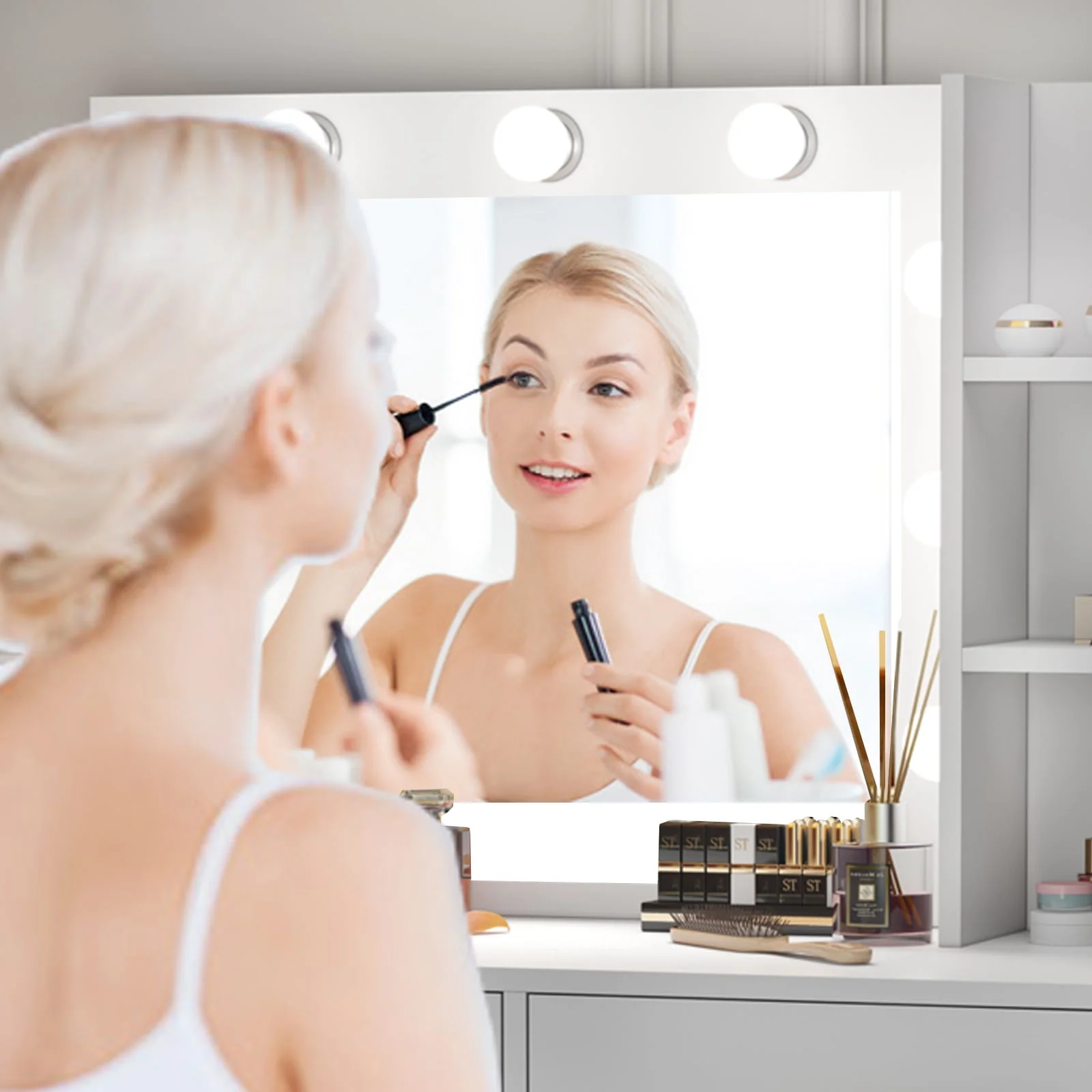 Lowest Prices - PAKASEPT Vanity Set with Lighted Mirror, Large Vanity Desk Makeup Vanity Dressing Table with 9 LED Lights, 5 Drawers, Storage Shelves&Cushioned Stool for Bedroom