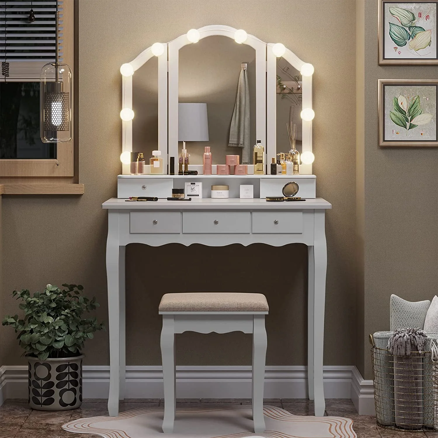 Lowest Prices - Makeup Vanity Set Desk Table with with Lights & Tri-Folding Mirror,Dressing Table with Cushion Stool & 5 Drawers, White
