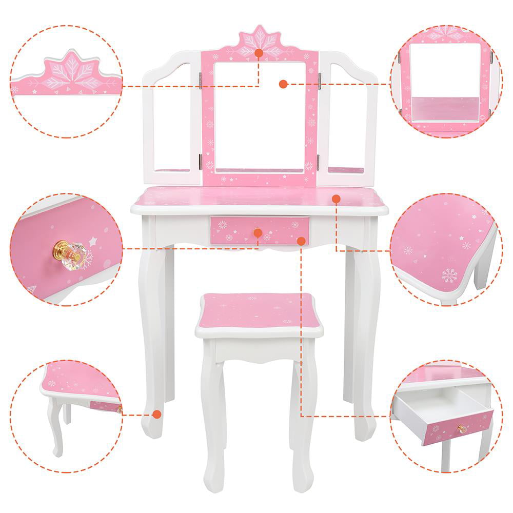 Lowest Prices - BaytoCare Kids Vanity Table Wooden Dressing Table with Stool and Drawer