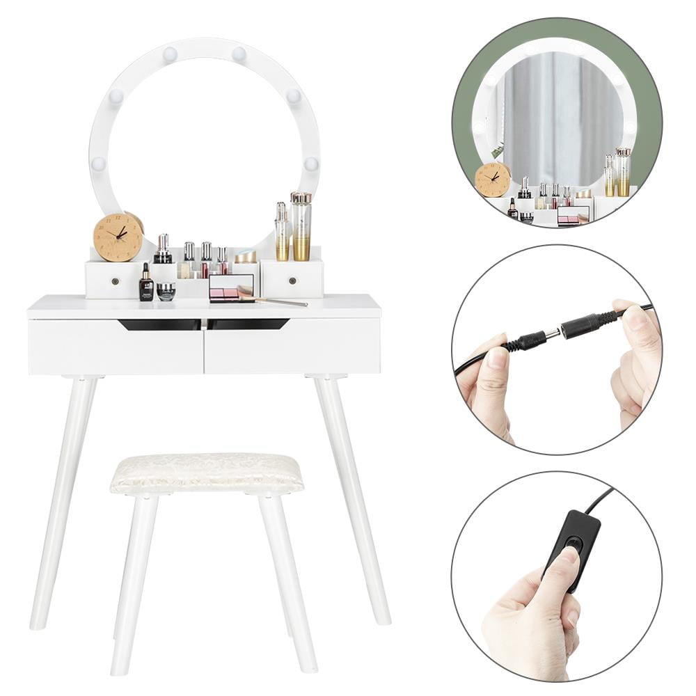 Lowest Prices - Ktaxon Vanity Set with Round Lighted Mirror, Makeup Dressing Table with 8 Light Bulbs & Cushioned Stool Set,Bedroom Vanities Set White