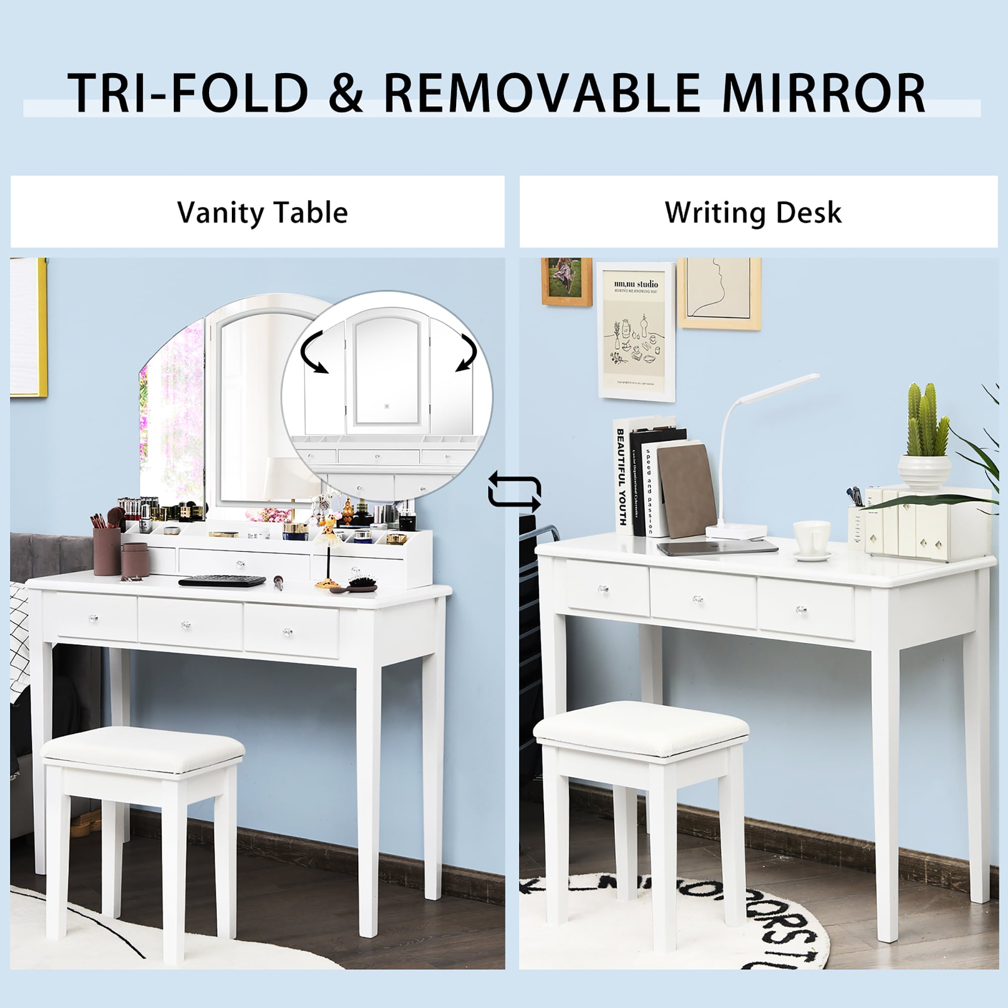 Lowest Prices - Costway Vanity Table Stool Set Large Tri-folding Lighted Mirror 6 Drawer Dresser White