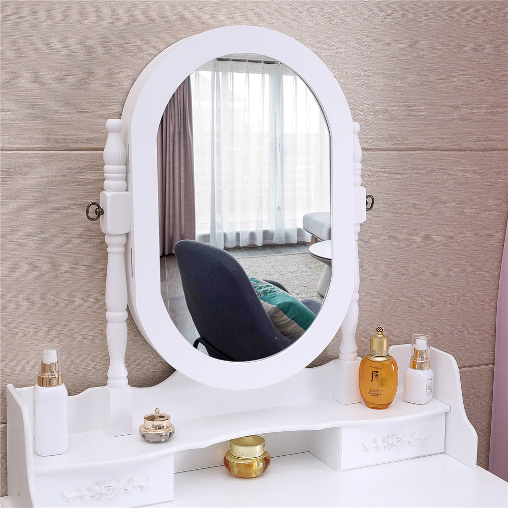 Lowest Prices - Ktaxon Vanity Jewelry Wooden Makeup Dressing Table Set W/Stool Mirror Cabinet &4 Drawer