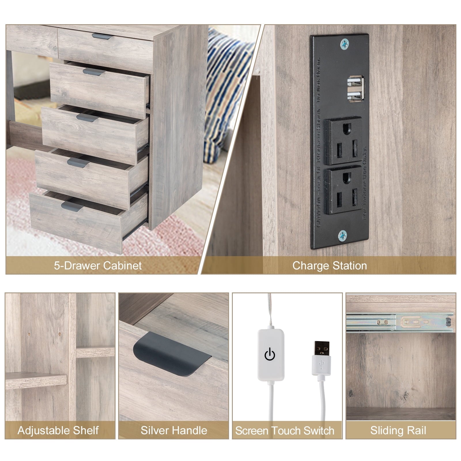 Lowest Prices - Ktaxon Vanity Set with 3 Color Lighted Mirror & Charging Station, Makeup Table with 6 Drawers, Dressing Table Makeup Desk with Stool,Retro Gray