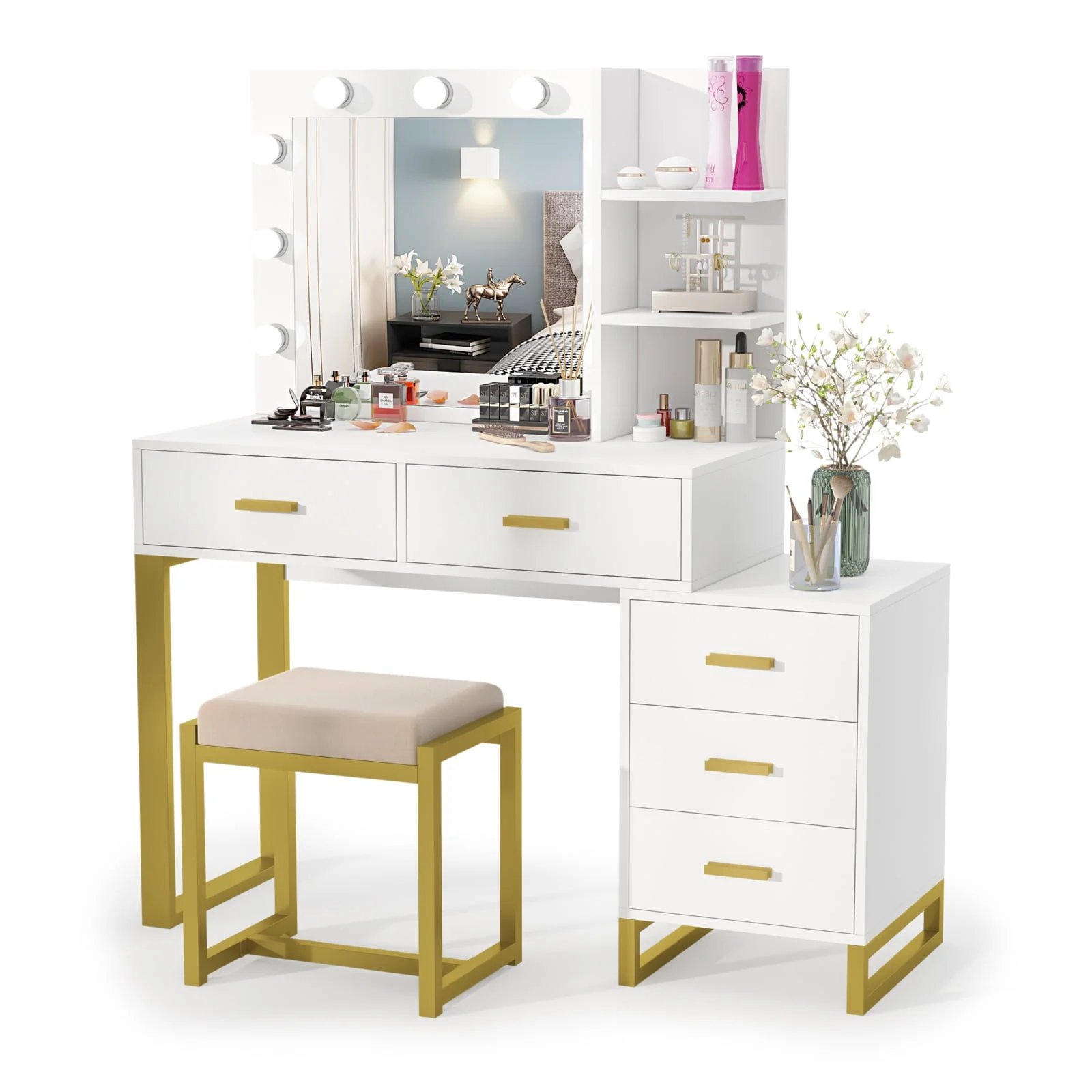 Lowest Prices - PAKASEPT Vanity Set with Lighted Mirror, Large Vanity Desk Makeup Vanity Dressing Table with 9 LED Lights, 5 Drawers, Storage Shelves&Cushioned Stool for Bedroom