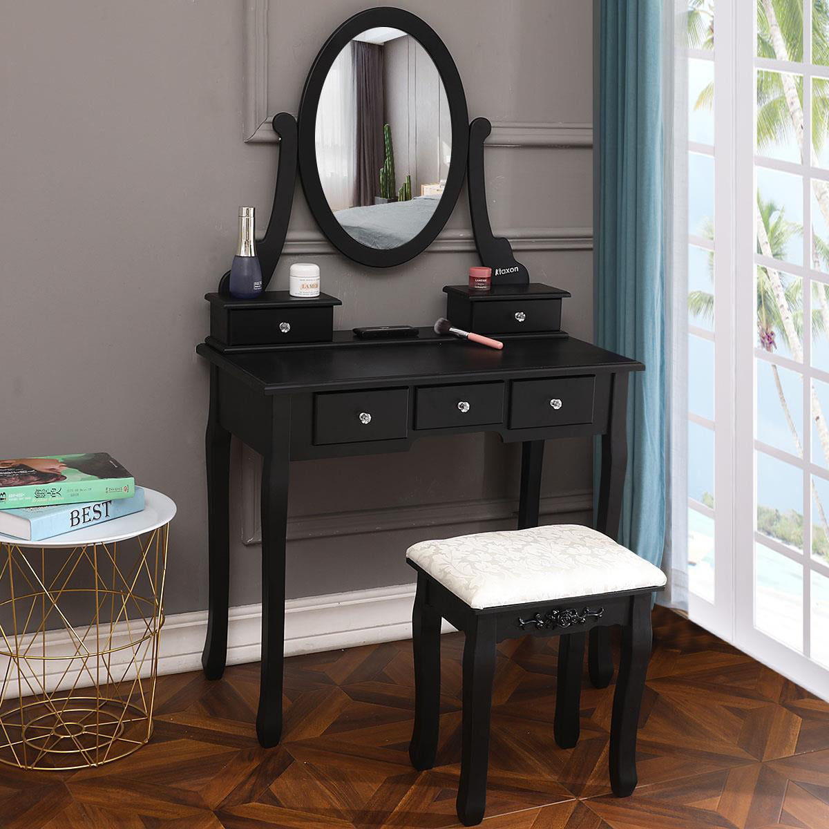 Lowest Prices - Ktaxon Black Vanity Set with Stool,Makeup Table with 5 Drawers & Mirror, Room Dresser