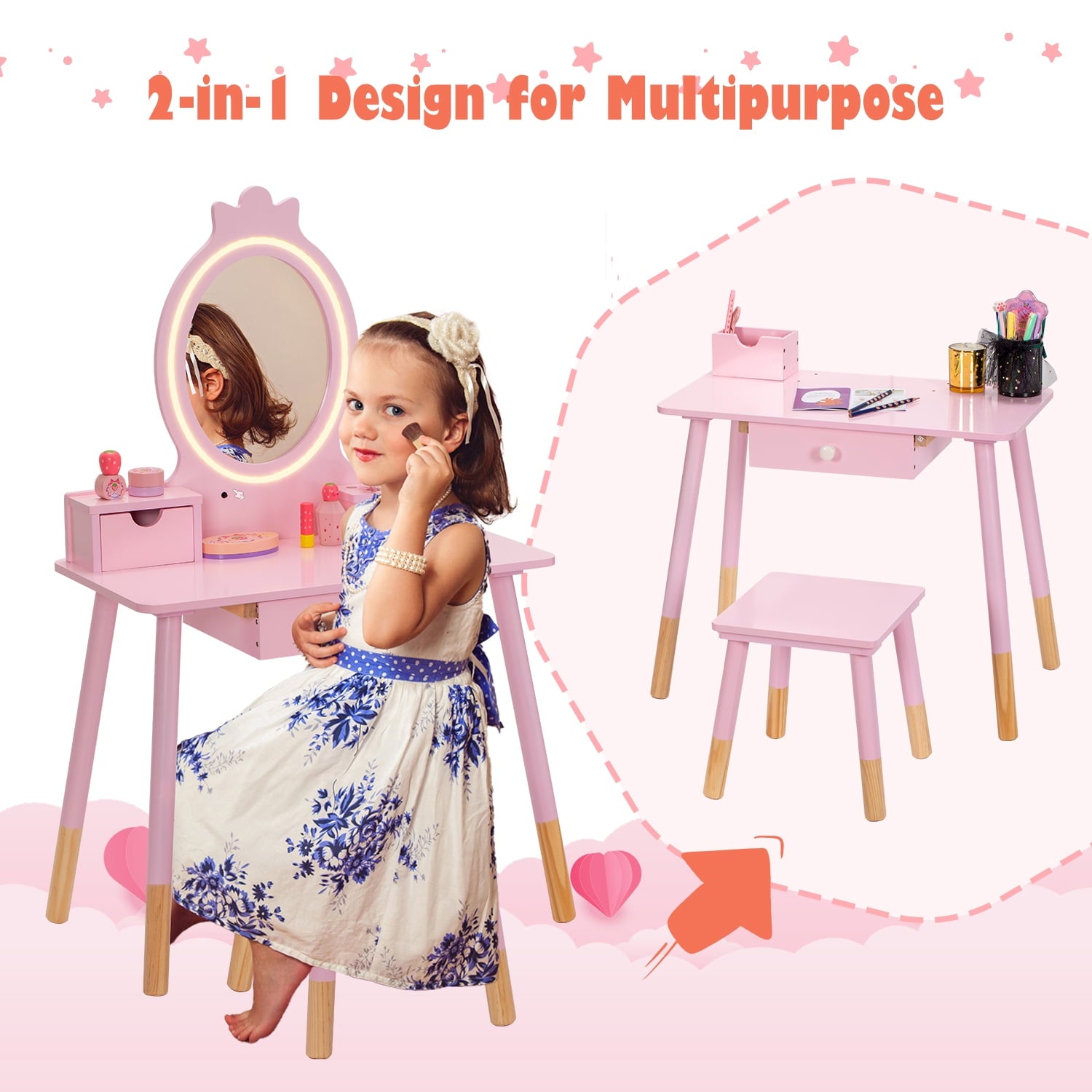 Lowest Prices - BRINJOY Kids Vanity Set with Mirror, Wooden Make Up Beauty Dressing Table with Lights & Stool & Jewelry Rack & Storage Board, Children Princess Vanity Table Pretend Playset for Girls