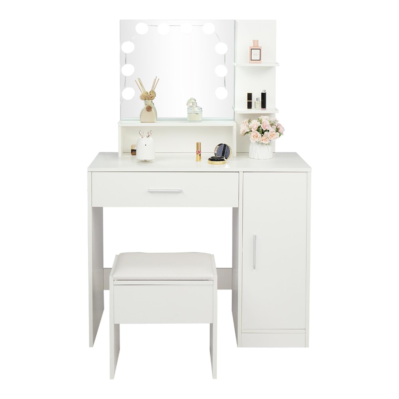 Lowest Prices - Ktaxon Vanity Set with 3 Color Lighted Mirror, Makeup Table with 3 Storage Shelves & Drawers, Dressing Table Makeup Desk with Stool,White