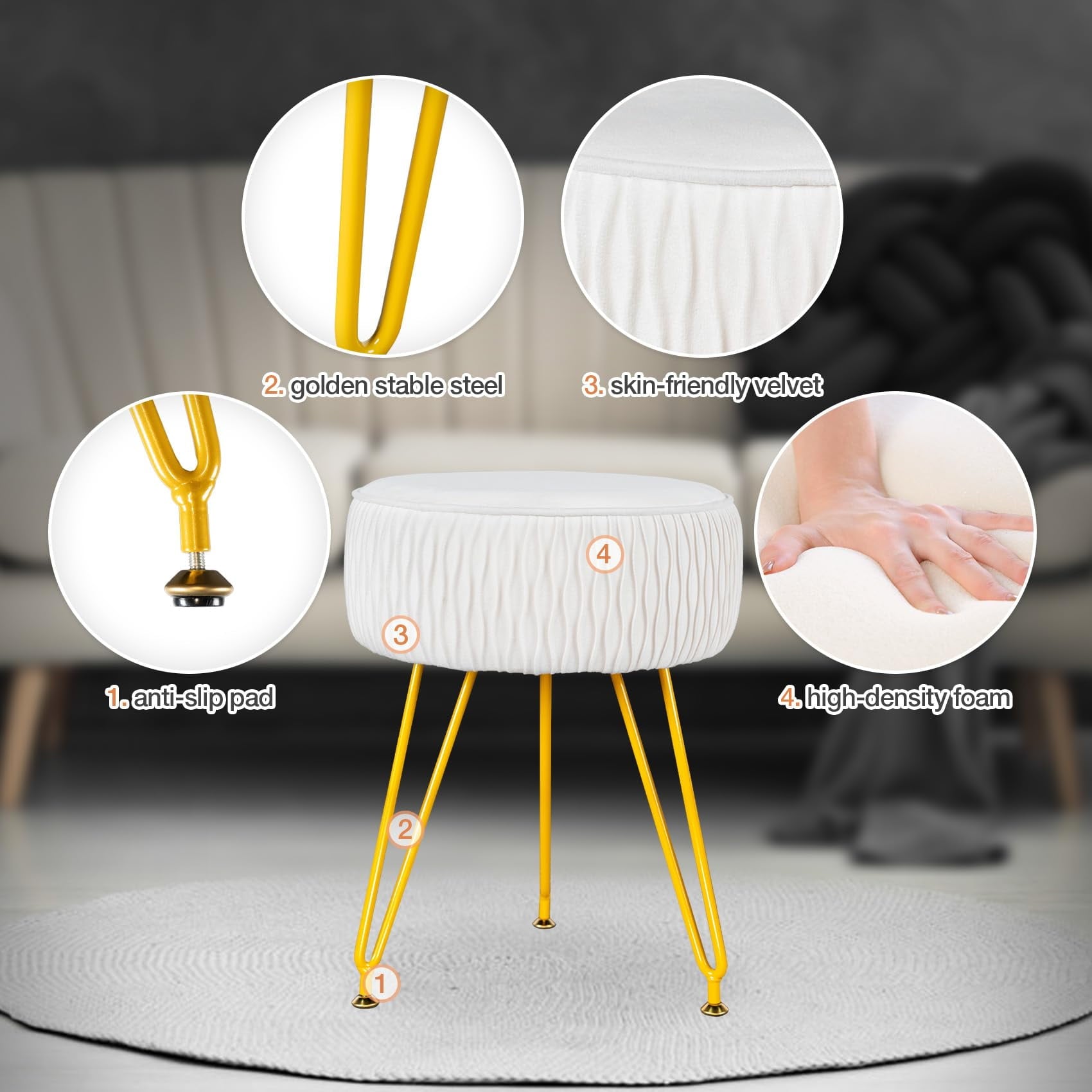 Lowest Prices - PROHIKER Velvet Round Footrest Stool Ottoman, Makeup Vanity Stool Side Table Couch Stool w/Golden Metal Legs, 13