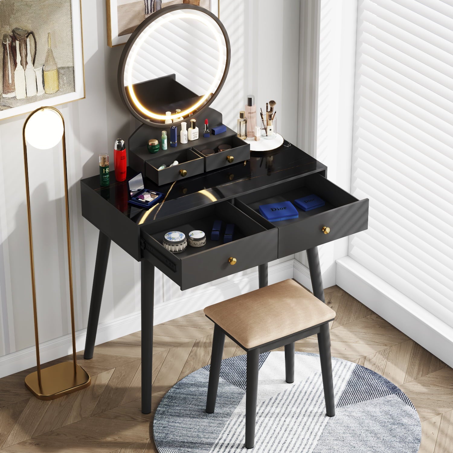Lowest Prices - Furmax Vanity Table with Lighted Mirror, Vanity Desk with Stool, Dressing Table with 4 Drawers, Makeup Vanity Set, Black Finish, for Bedroom