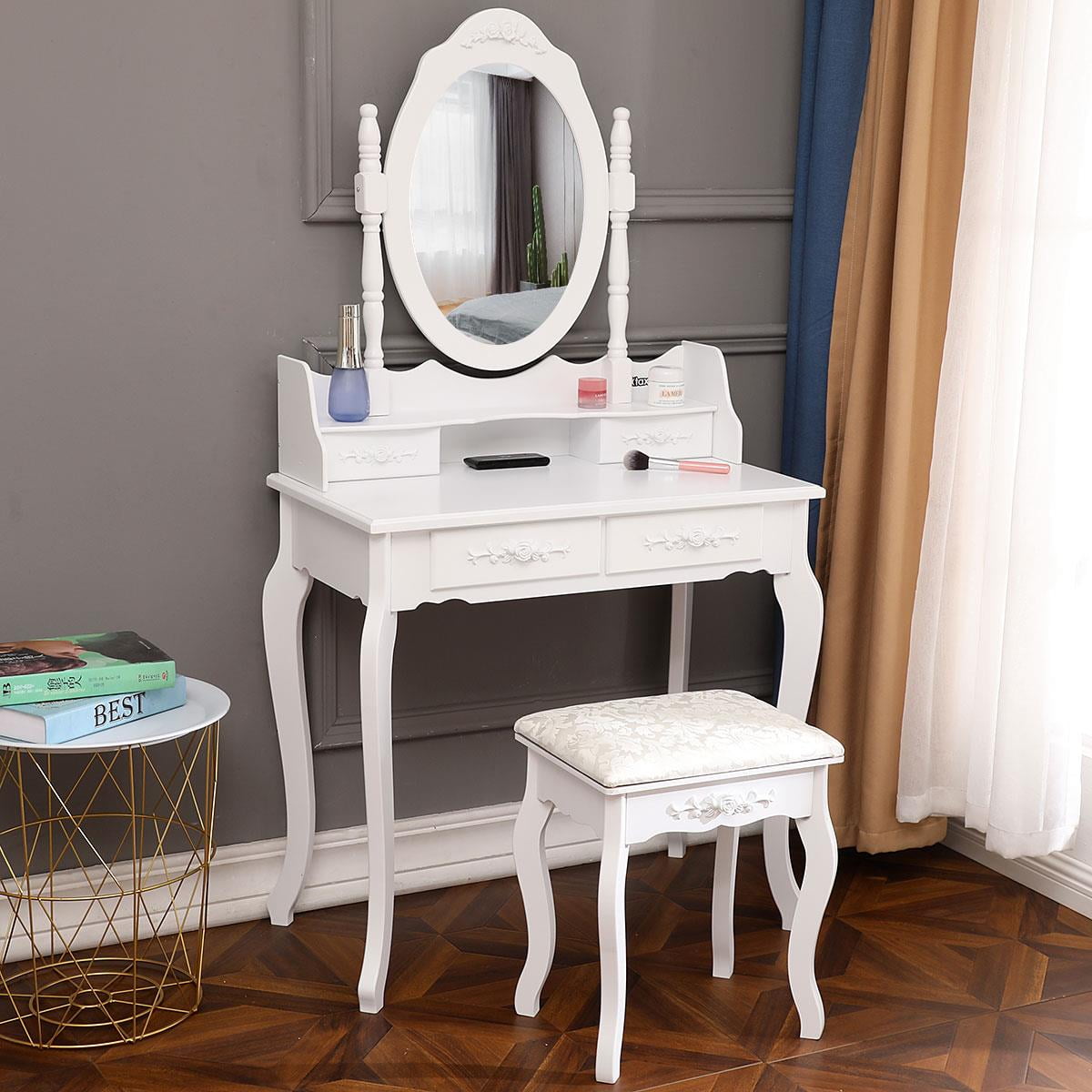 Lowest Prices - Ktaxon Elegance White Dressing Table Vanity Table and Stool Set Wood Makeup Desk with 4 Drawers & Mirror