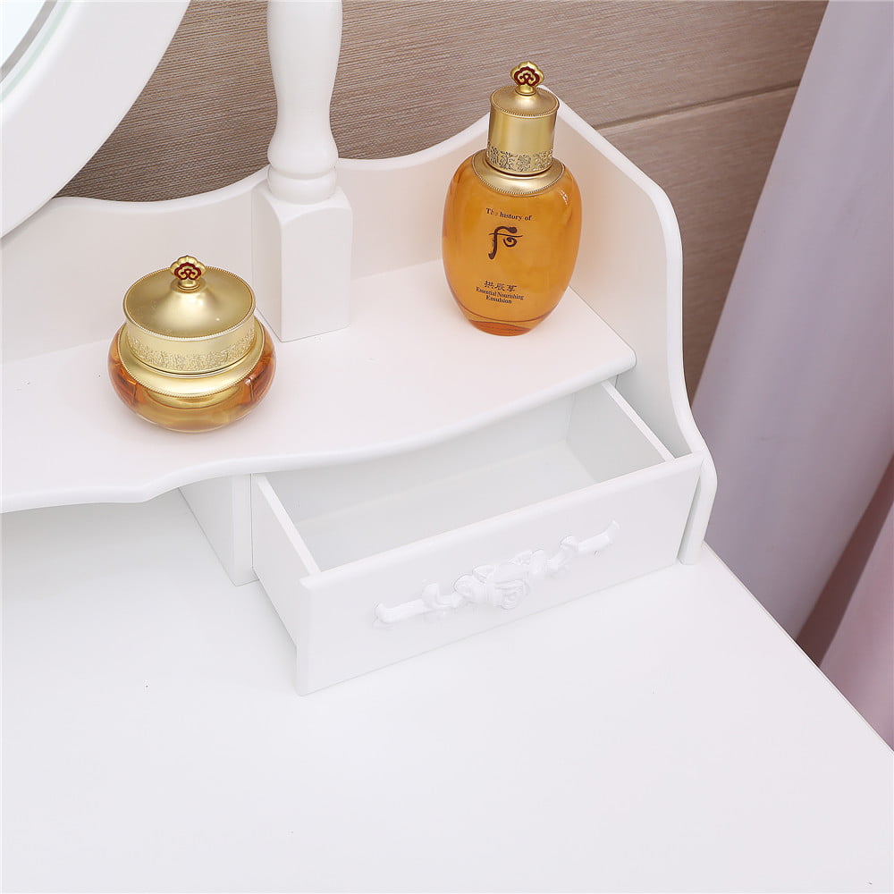 Lowest Prices - Ktaxon Elegance White Dressing Table Vanity Table and Stool Set Wood Makeup Desk with 4 Drawers & Lighted LED Touch Screen Mirror