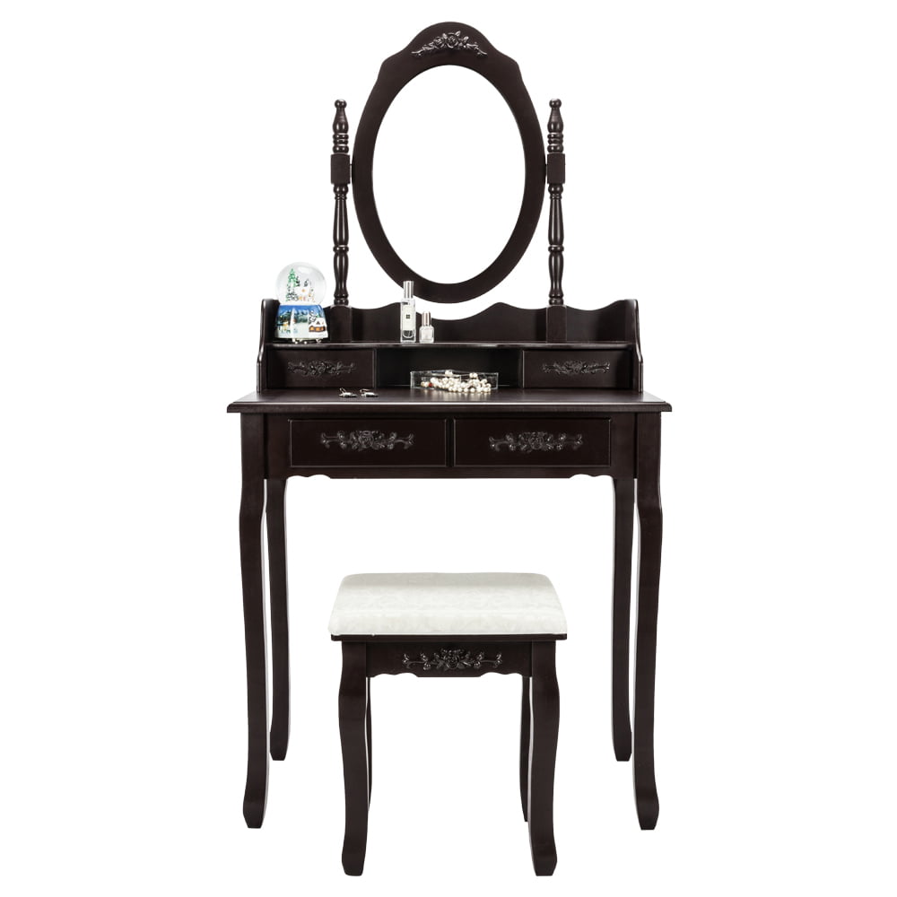 Lowest Prices - UBesGoo 4 Drawer Vanity Makeup Dressing Table Set w/Stool&Mirror Jewelry Wood Brown