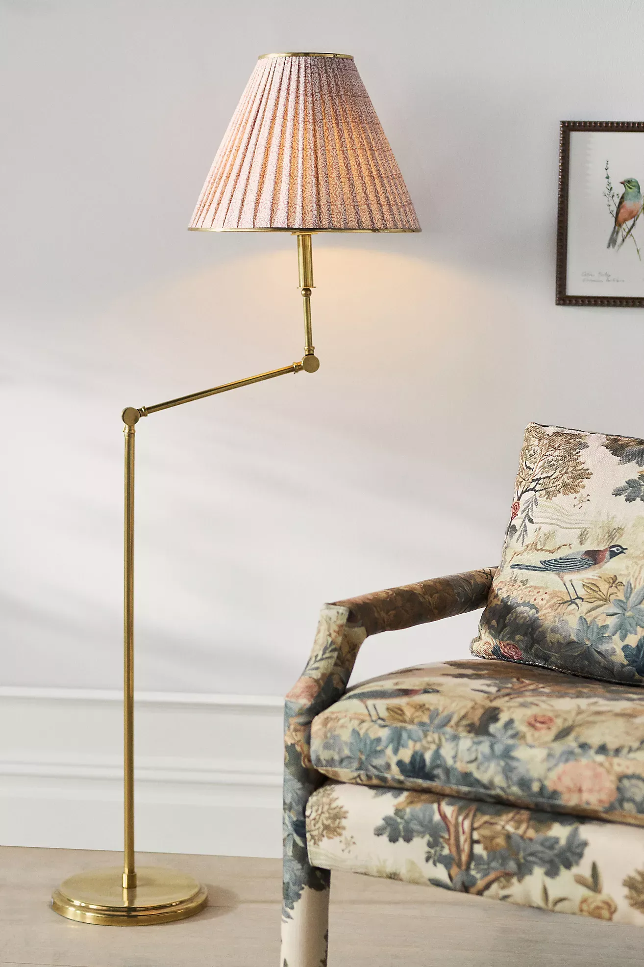 Lee Ruched Articulating Printed Shade Brass Floor Lamp