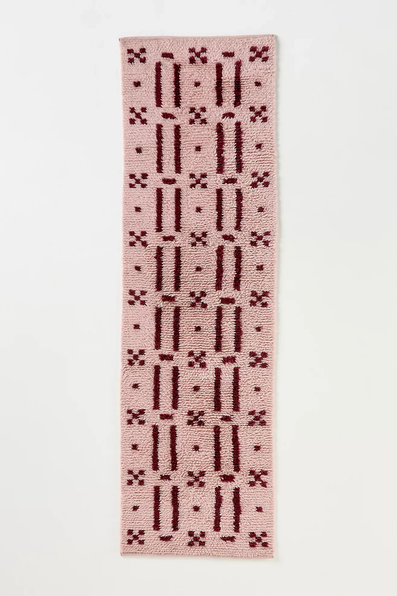 Pink Grid Handwoven Cotton Wool Blend Shag Geometric Rug