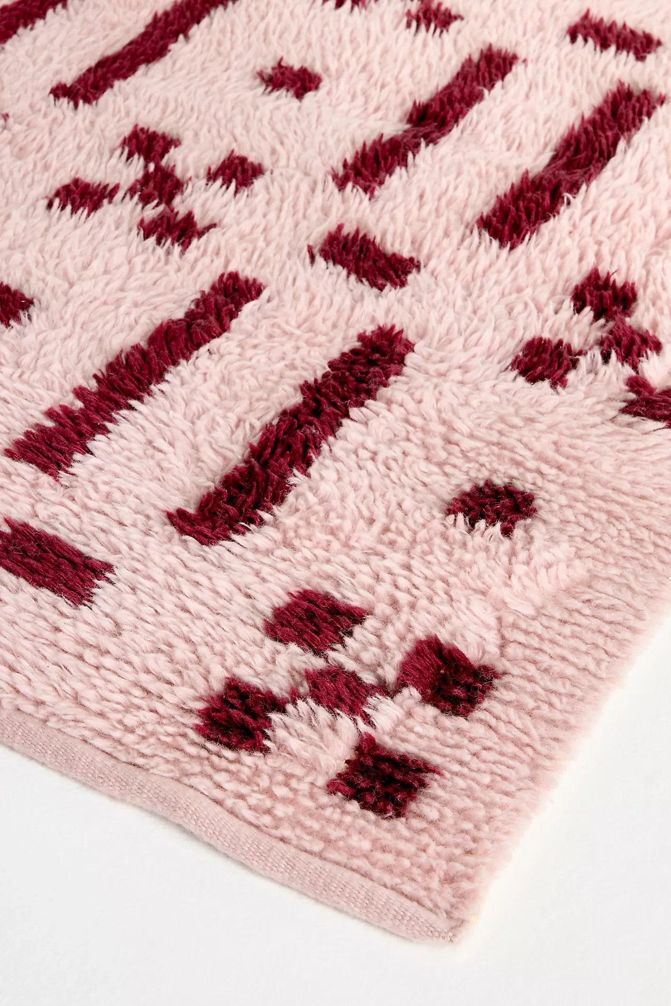 Pink Grid Handwoven Cotton Wool Blend Shag Geometric Rug