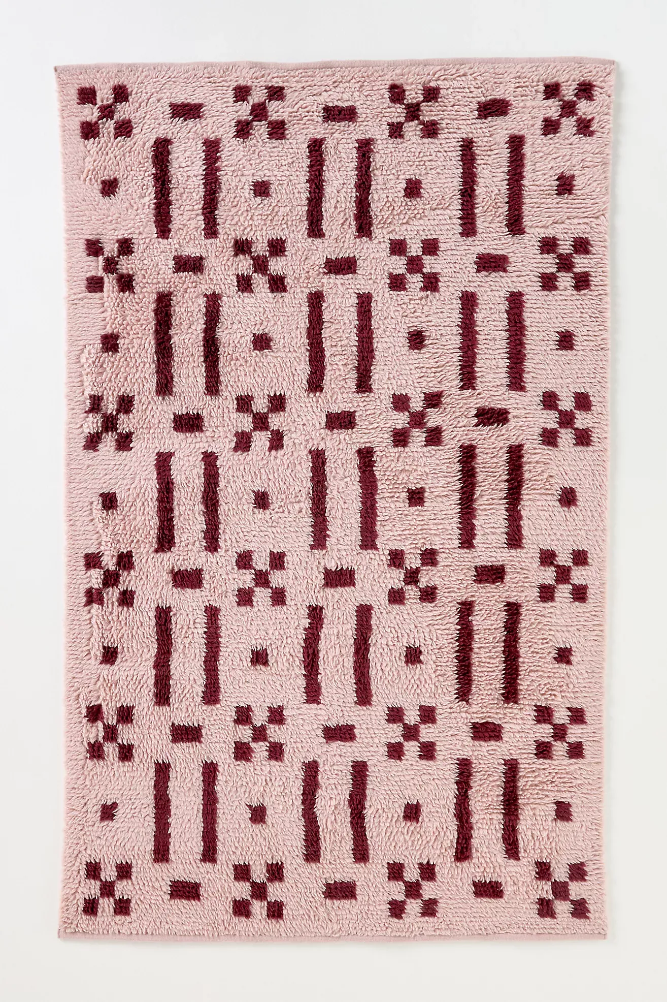 Pink Grid Handwoven Cotton Wool Blend Shag Geometric Rug
