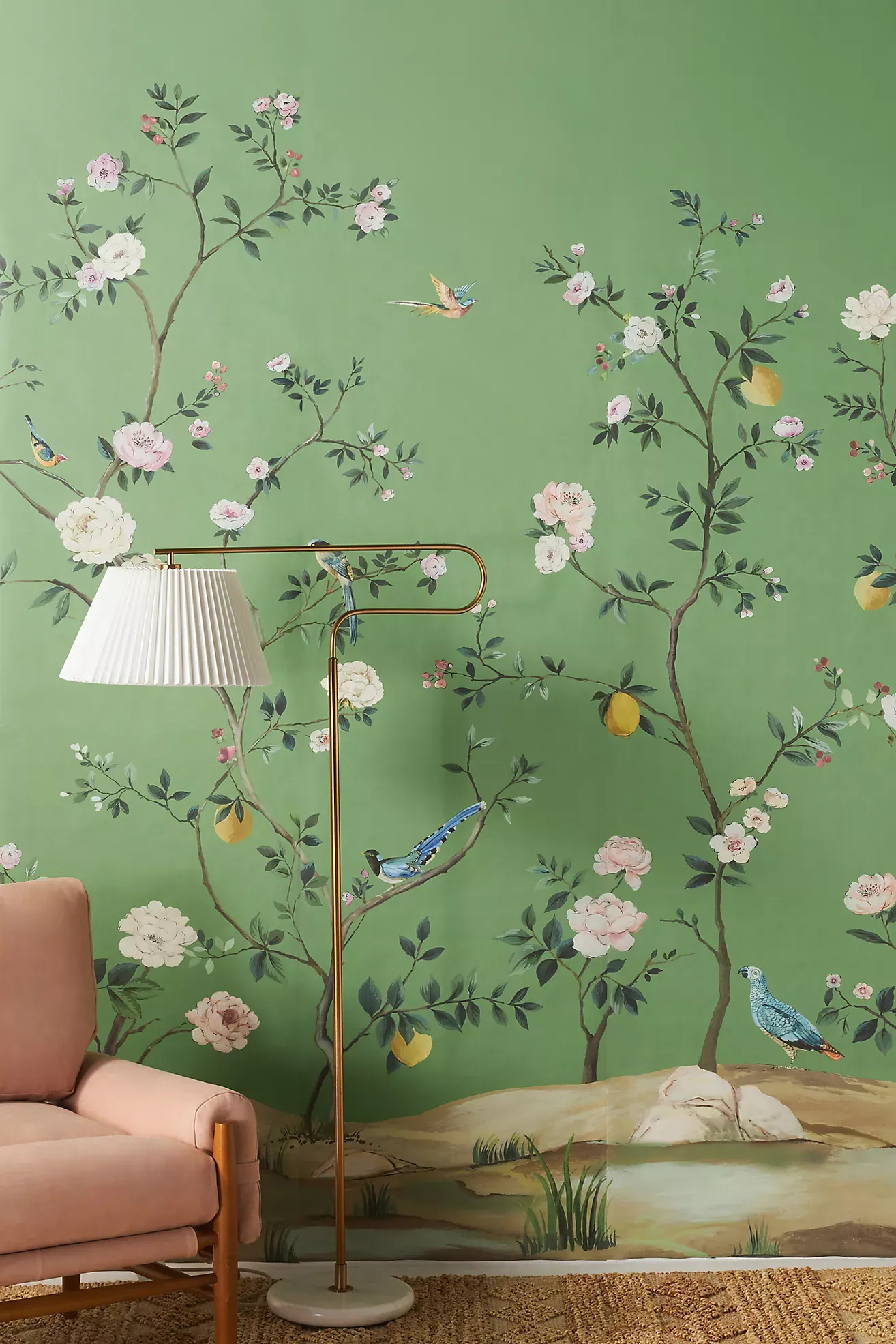 Silver Blossom Chinoiserie Grasscloth Wall Mural