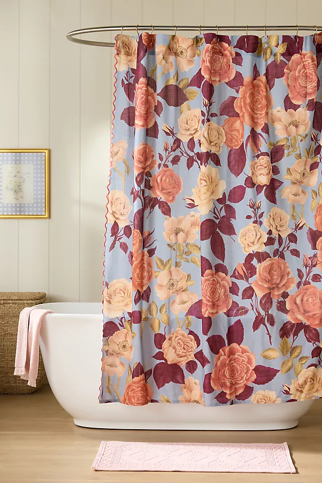 Maeve Roses Embroidered Printed Floral Organic Cotton Shower Curtain