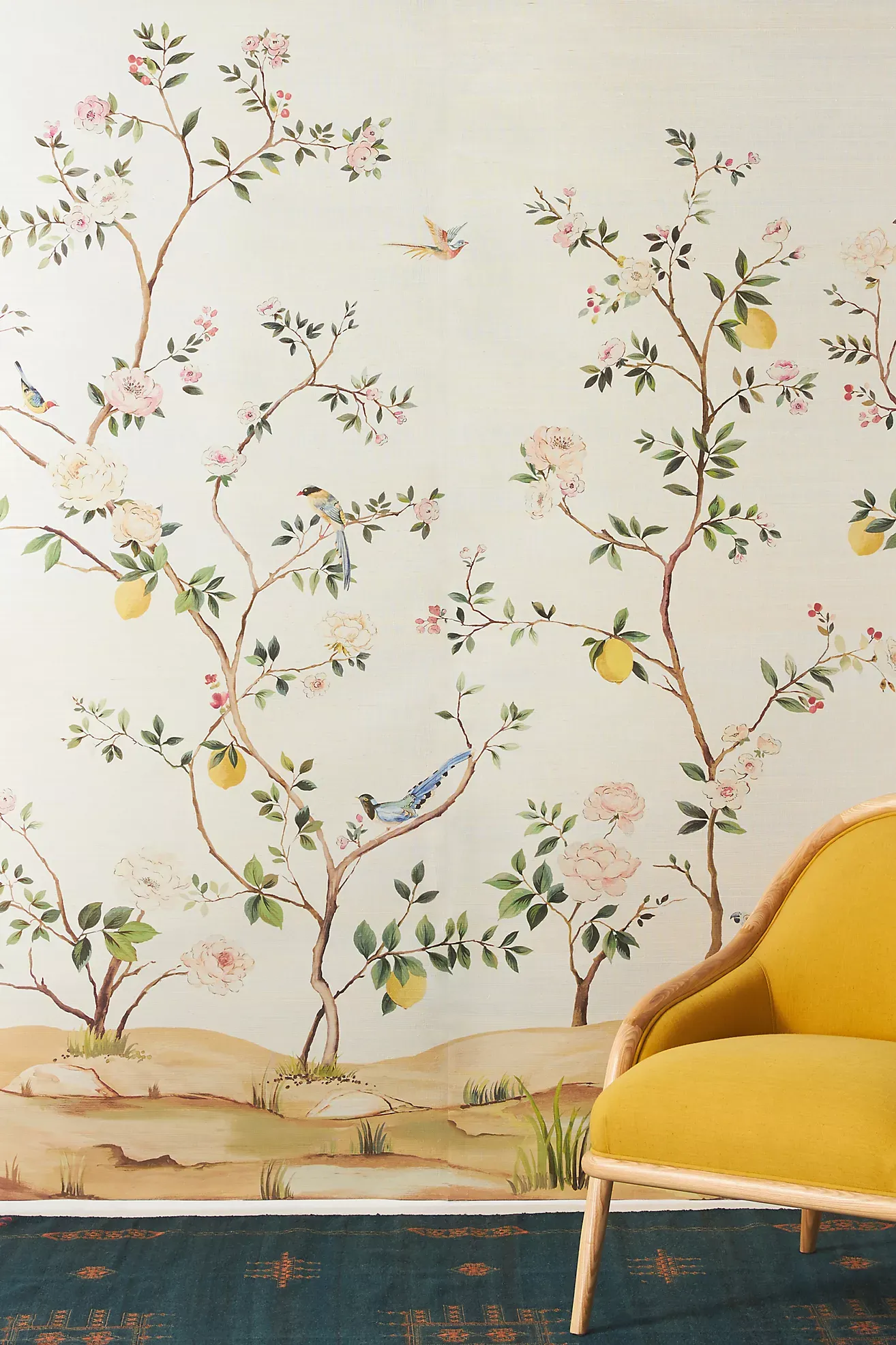 Silver Blossom Chinoiserie Grasscloth Wall Mural
