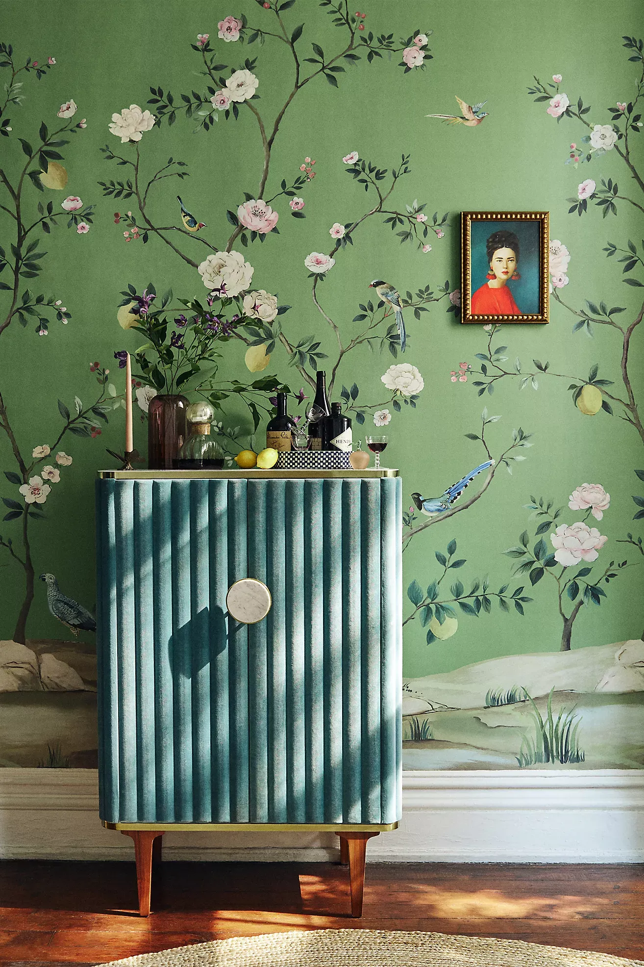 Silver Blossom Chinoiserie Grasscloth Wall Mural