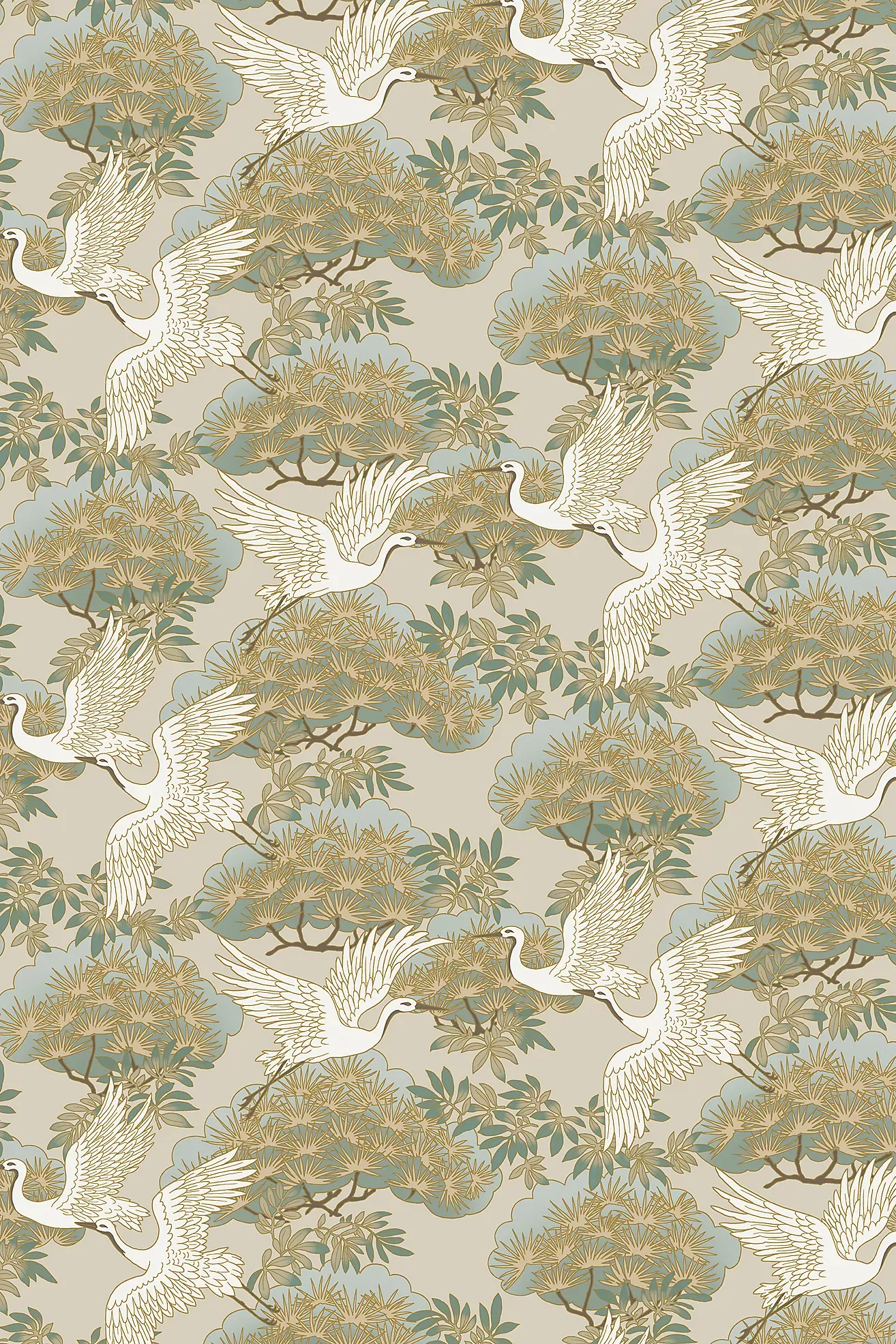 Sprig and Heron Black Floral Wallpaper