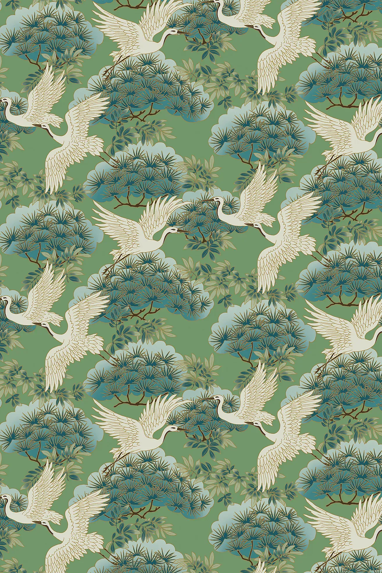 Sprig and Heron Black Floral Wallpaper