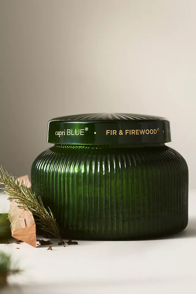 Capri Blue Woody Fir & Firewood Glass Candle