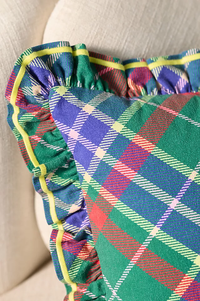 Tartan Cotton Embroidered Ruffle Pillow