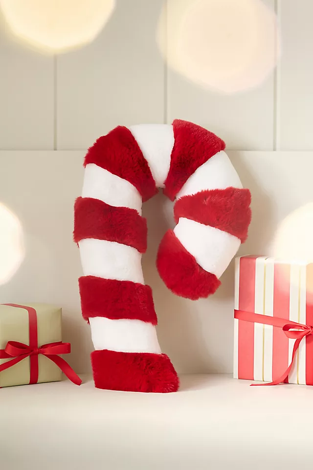 Faux Fur Candy Cane-Shaped Pillow