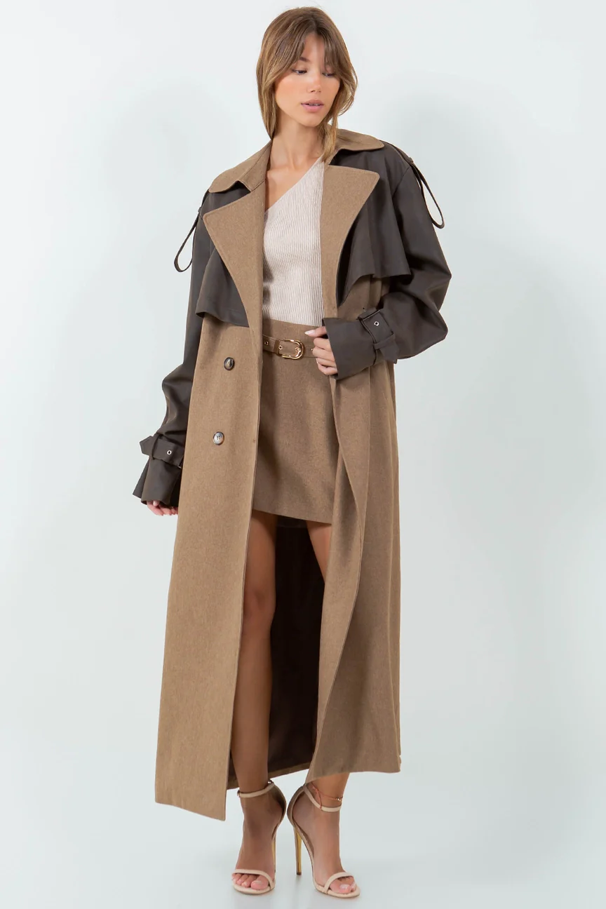 Vivienne Leather Contrasted Long Trench Coat