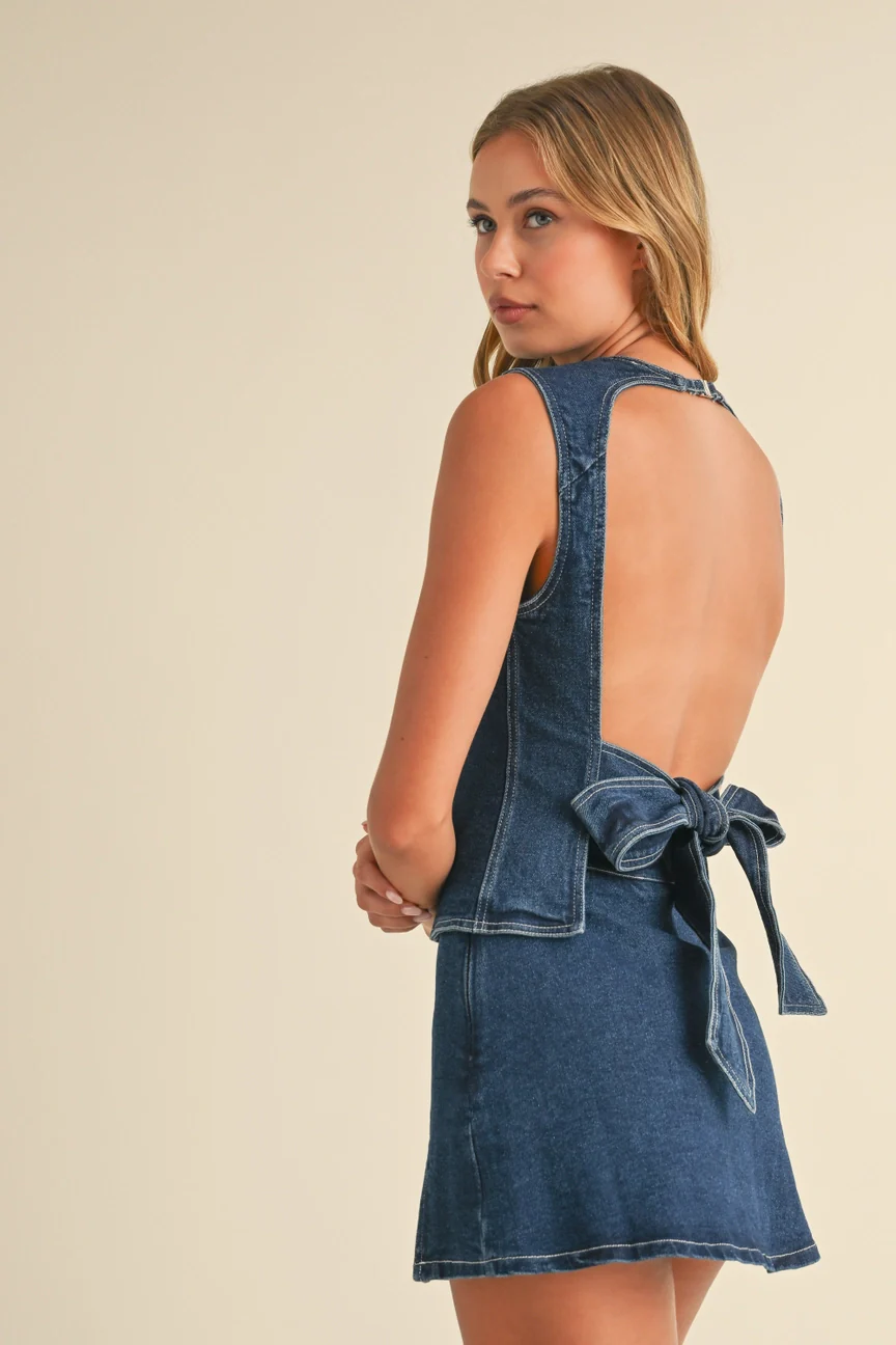 Lou Denim Open Back Top with Bow Detail and Mini Skirt Set