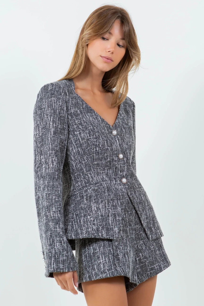 Evelyn Diamond Shape Neckline Tweed Blazer and Asymmetrical Tweed Shorts Set