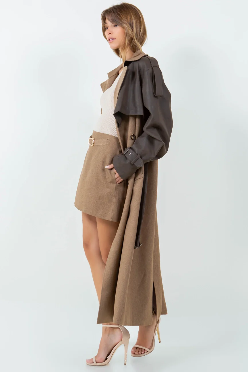 Vivienne Leather Contrasted Long Trench Coat
