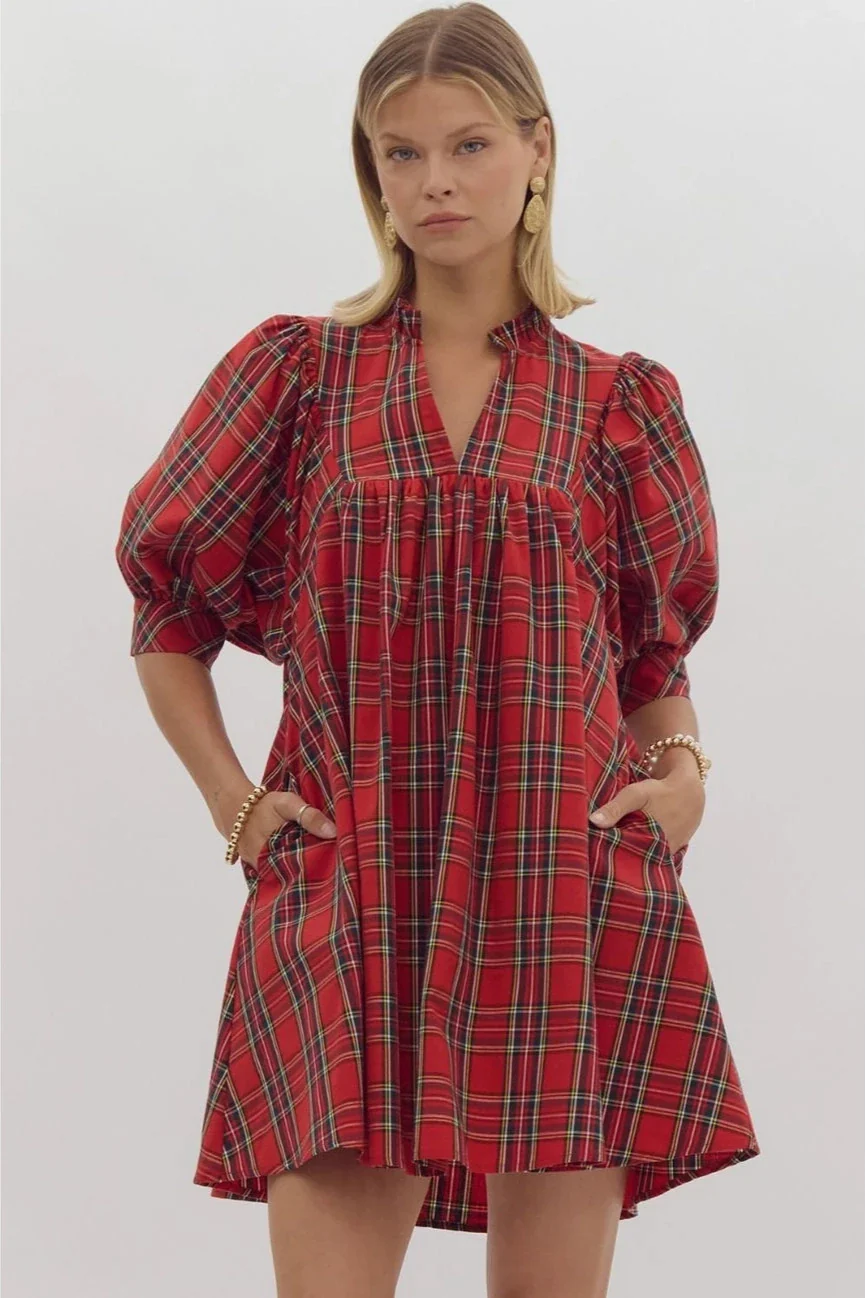 Bethenny Plaid V-Neck Puff Sleeve Mini Dress