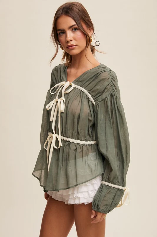 Florence Bow Tie Contrast Long Sleeve Blouse Top