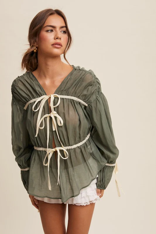 Florence Bow Tie Contrast Long Sleeve Blouse Top