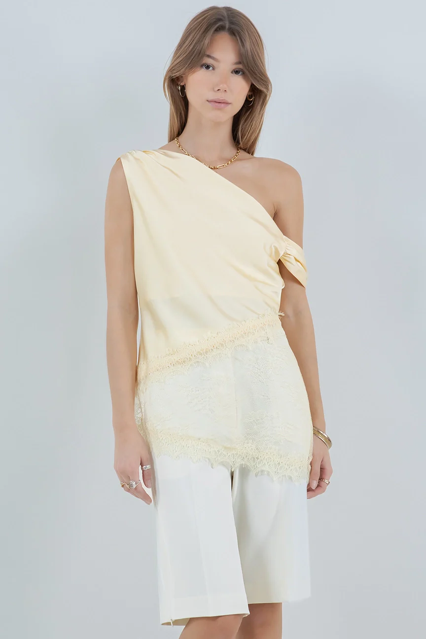 Elsie Asymmetrical One Shoulder Satin Lace Mix Top